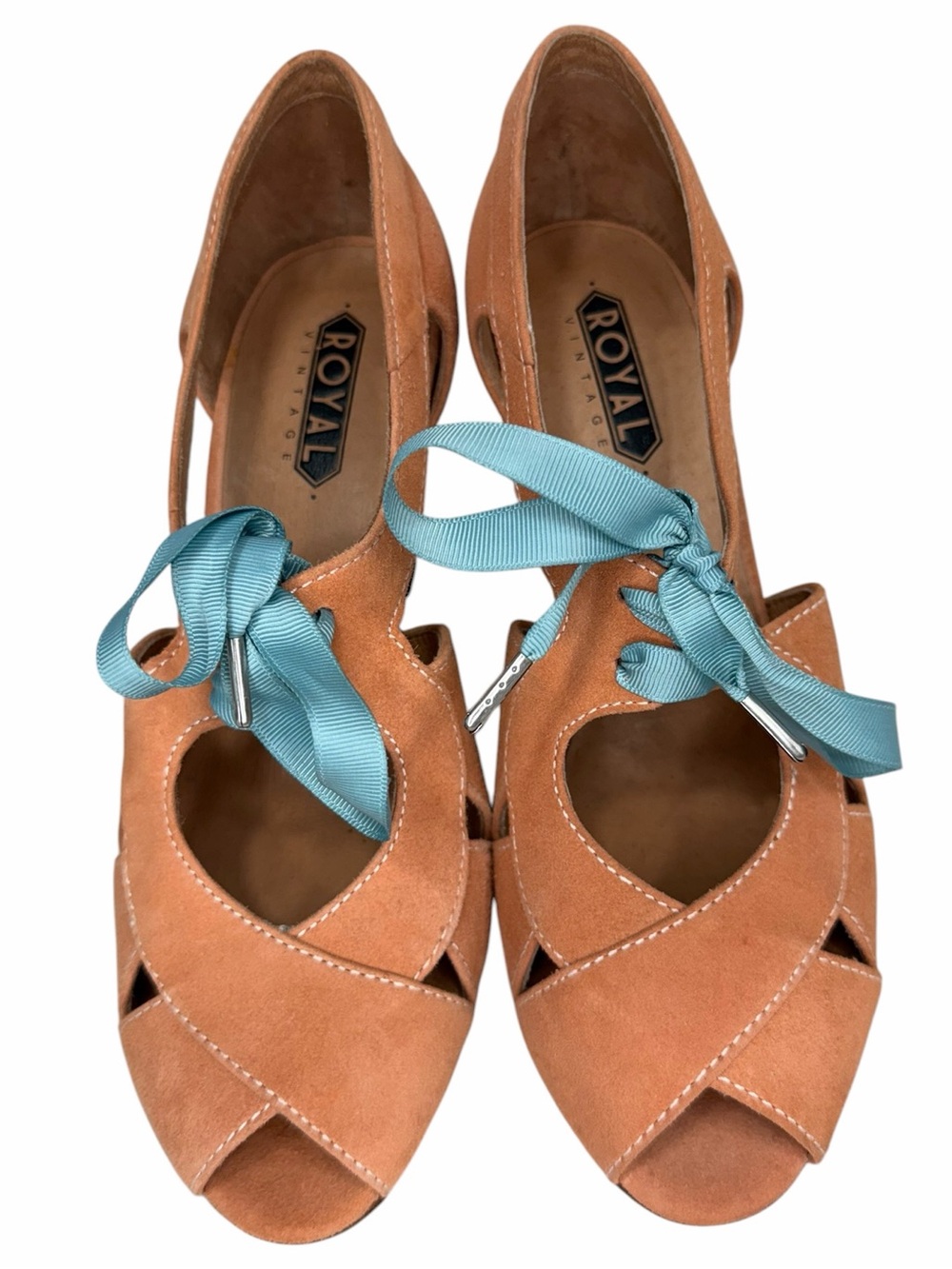 Royal Suede Peep-Toe Heels in Tan with Blue Ribbon